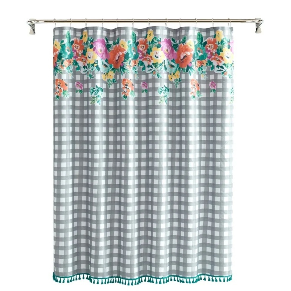 🌺 New Pioneer Woman Sweet Romance Blossom Gingham “Checkered” Shower Curtain